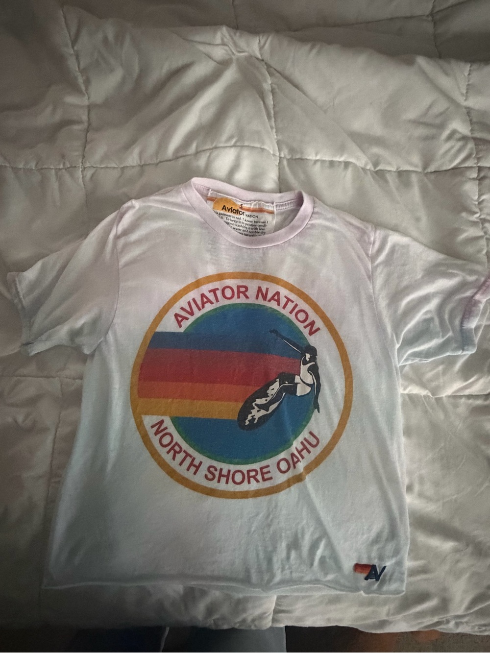 Aviator Nation White Tee with Rainbow Surf Circle Graphic